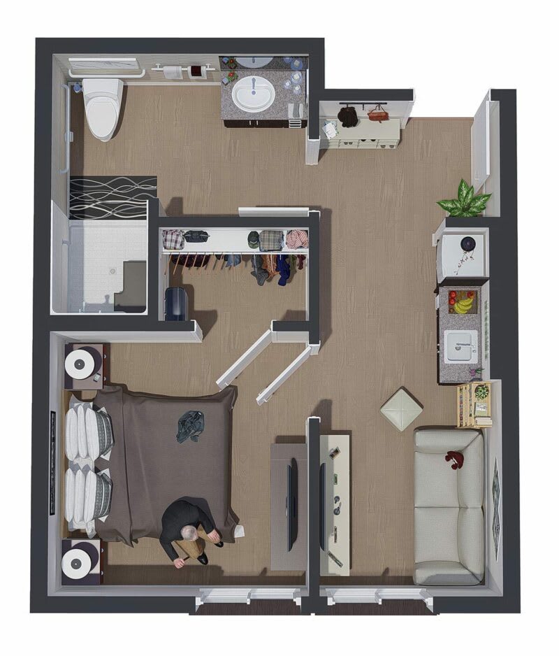 A one-bedroom apartment floor plan featuring a bedroom, bathroom, kitchen, and living area.