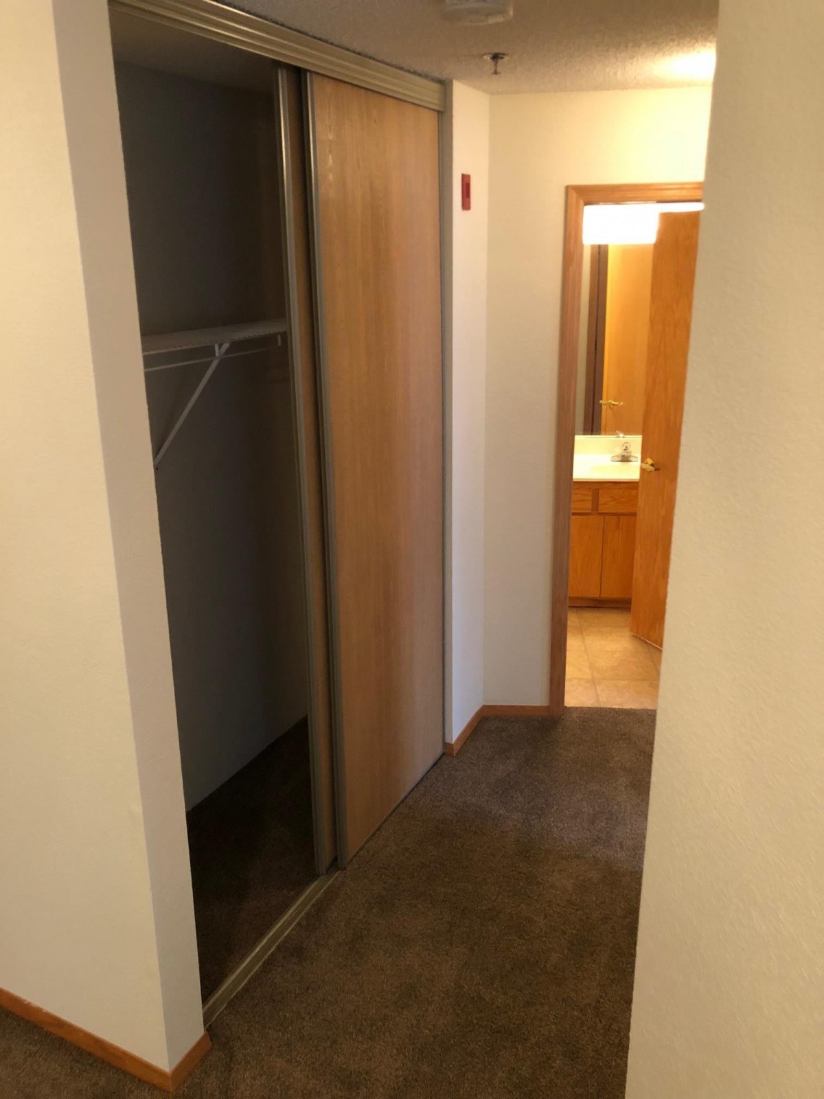 A hallway with a closet and a view into a bathroom.