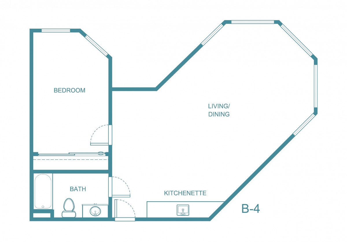 This image shows a floor plan featuring a bedroom, living/dining area, bathroom, and kitchenette labeled as B-4.