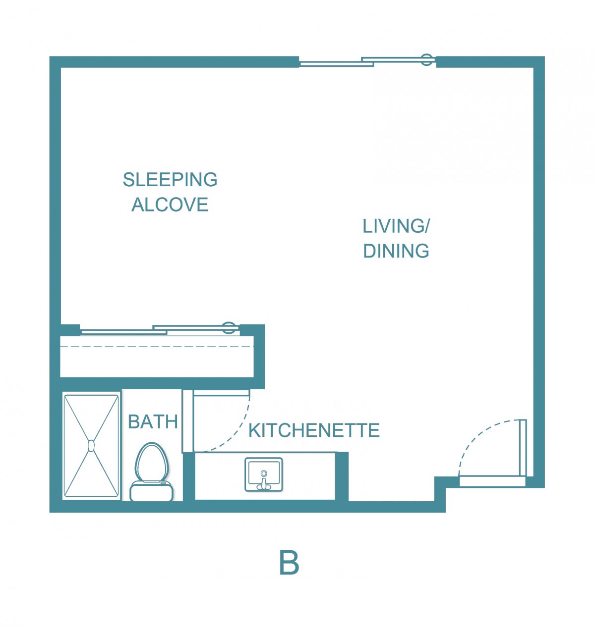 A simple floor plan of a studio apartment with a sleeping alcove, living/dining area, kitchenette, and bath.