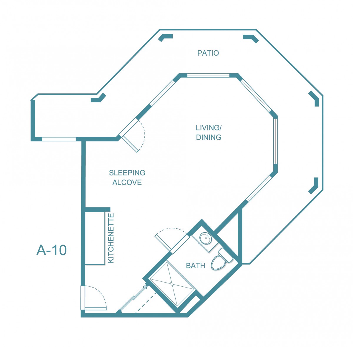 A compact apartment floor plan with designated areas for a living room, sleeping alcove, and bath.