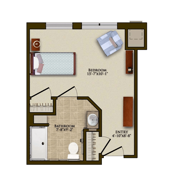 A floor plan of a compact studio apartment featuring a living area, kitchen, and bathroom.