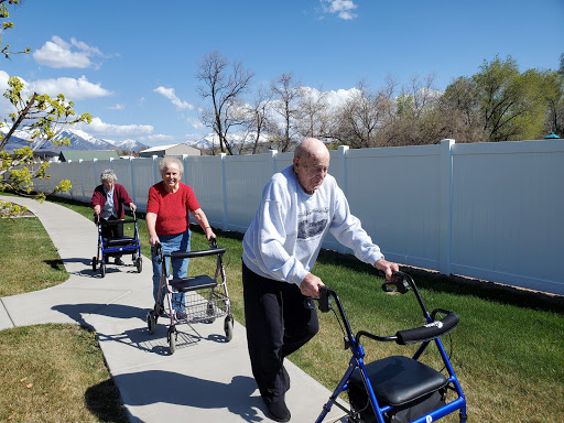 Elderly individuals enjoying a community walking session with the help of walkers.
