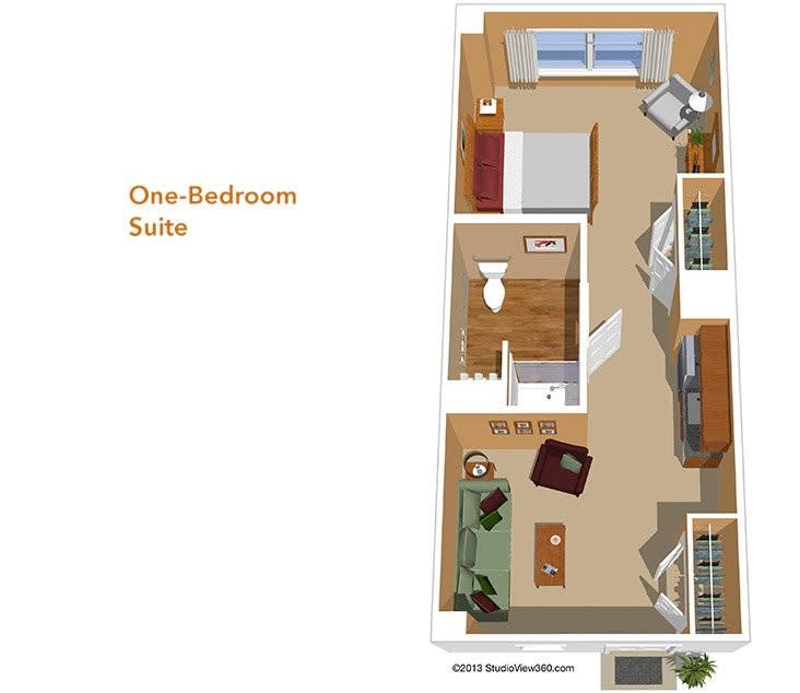 A floor plan illustration of a one-bedroom suite showing the layout and design.