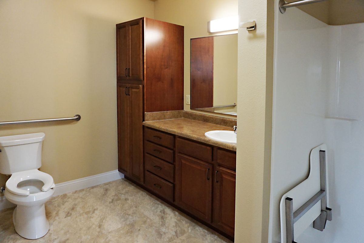 A well-appointed bathroom with wooden cabinets, a sink, and a mirror under soft lighting.