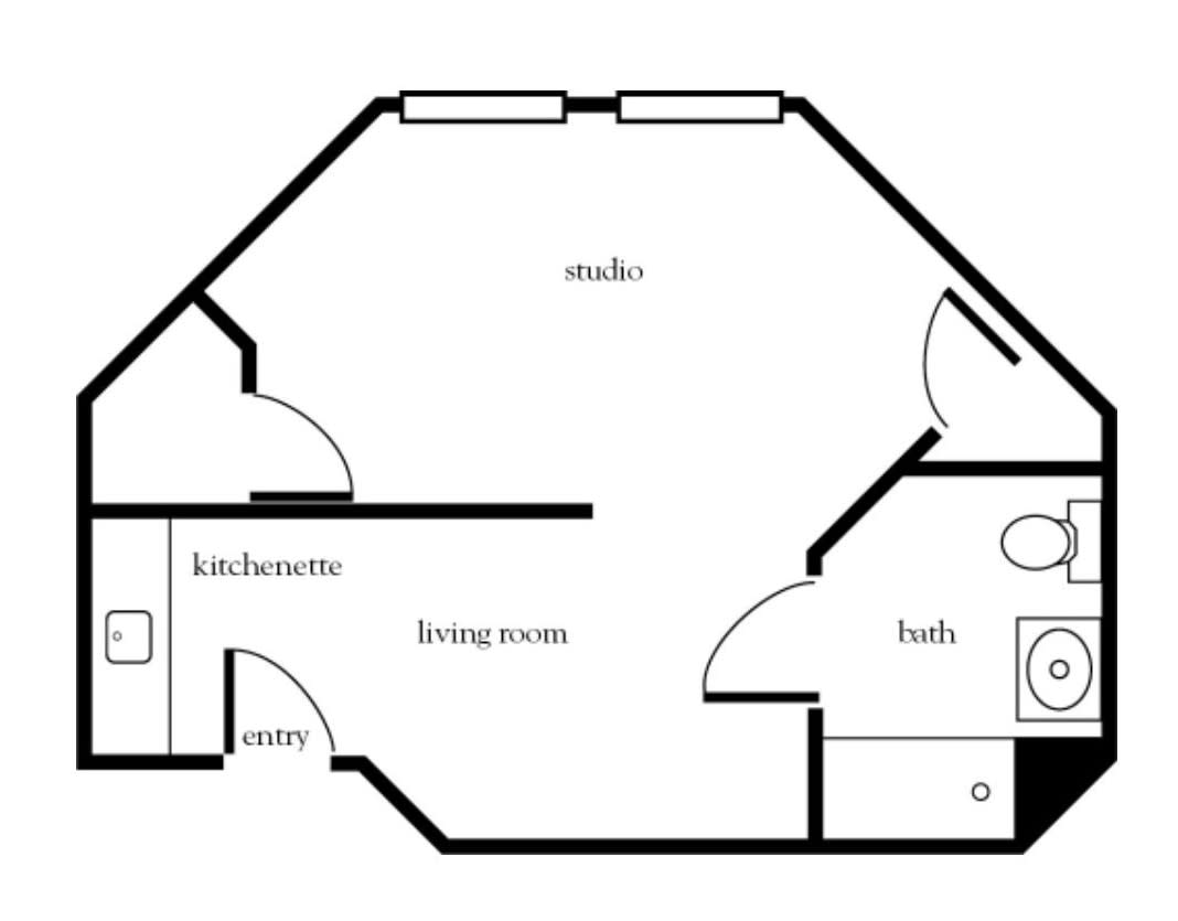 A simple one-bedroom apartment floor plan with labeled rooms.