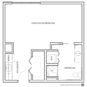 Floor plan of a small apartment with a living room, bedroom, kitchen, and bathroom.