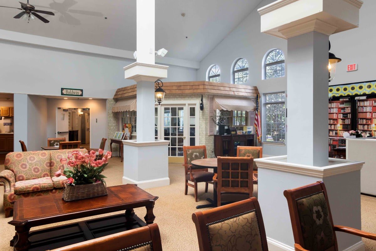 A bright and cozy lobby area with comfortable seating and elegant decor.