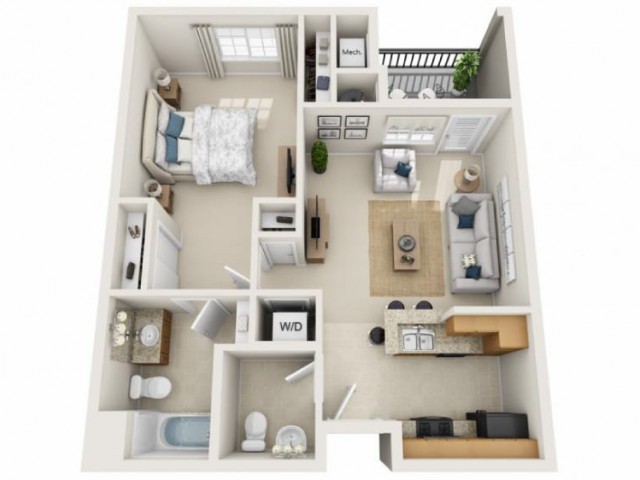 A 3D floor plan of a one-bedroom apartment with a living room, kitchen, and bathroom.