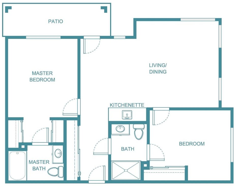A floor plan of a two-bedroom apartment with a master bedroom, living room, and kitchen.