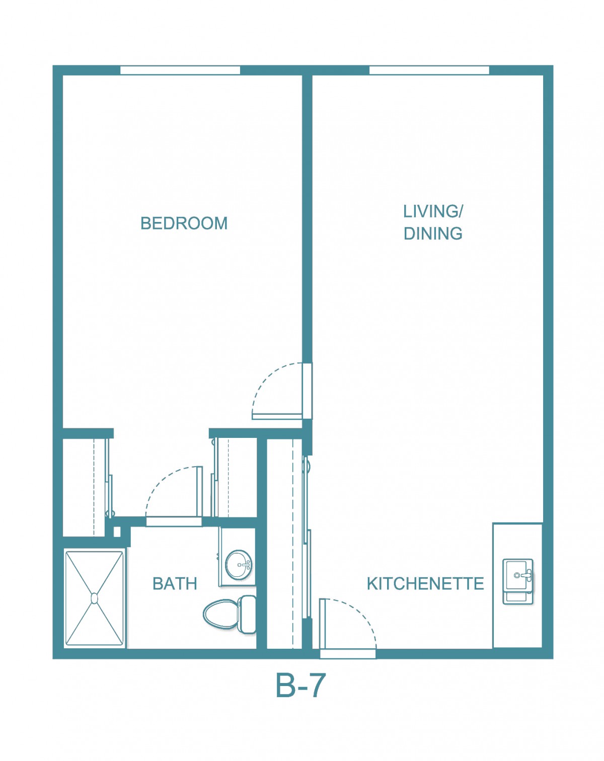 A simple floor plan of a one-bedroom apartment with a living/dining area, kitchenette, and bathroom.
