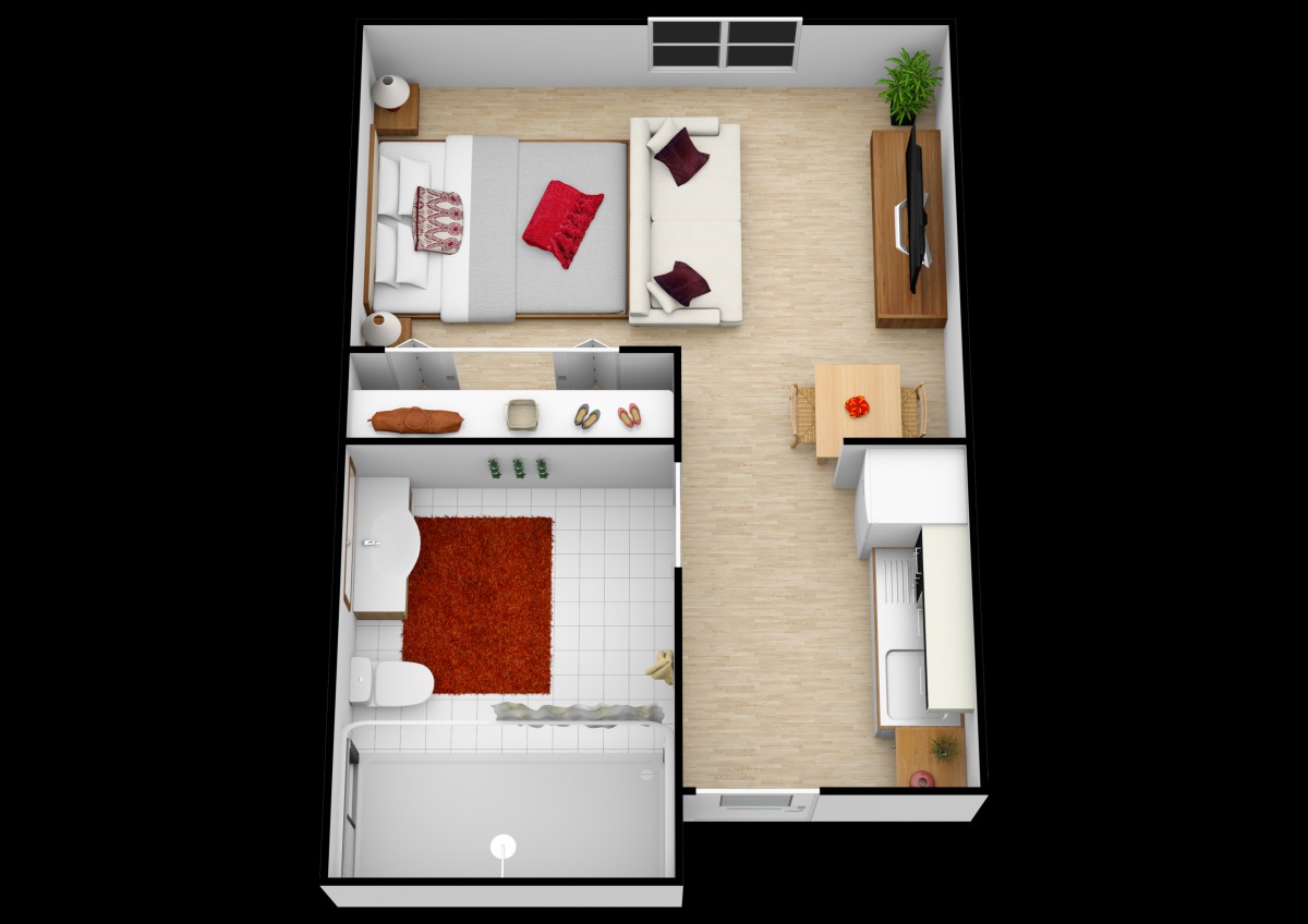 A studio apartment floor plan featuring a bedroom, kitchen, and living area.