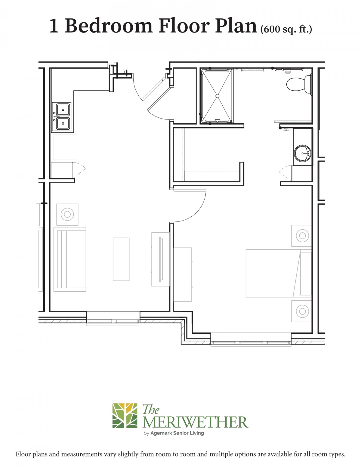 A simple apartment floor plan showing a bedroom, bathroom, and living area.