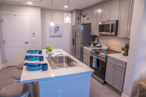 A stylish modern kitchen featuring sleek cabinetry and contemporary appliances.