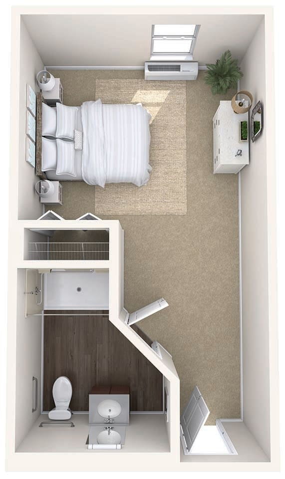 Top view of a small bedroom with a bed, desk, and wardrobe.
