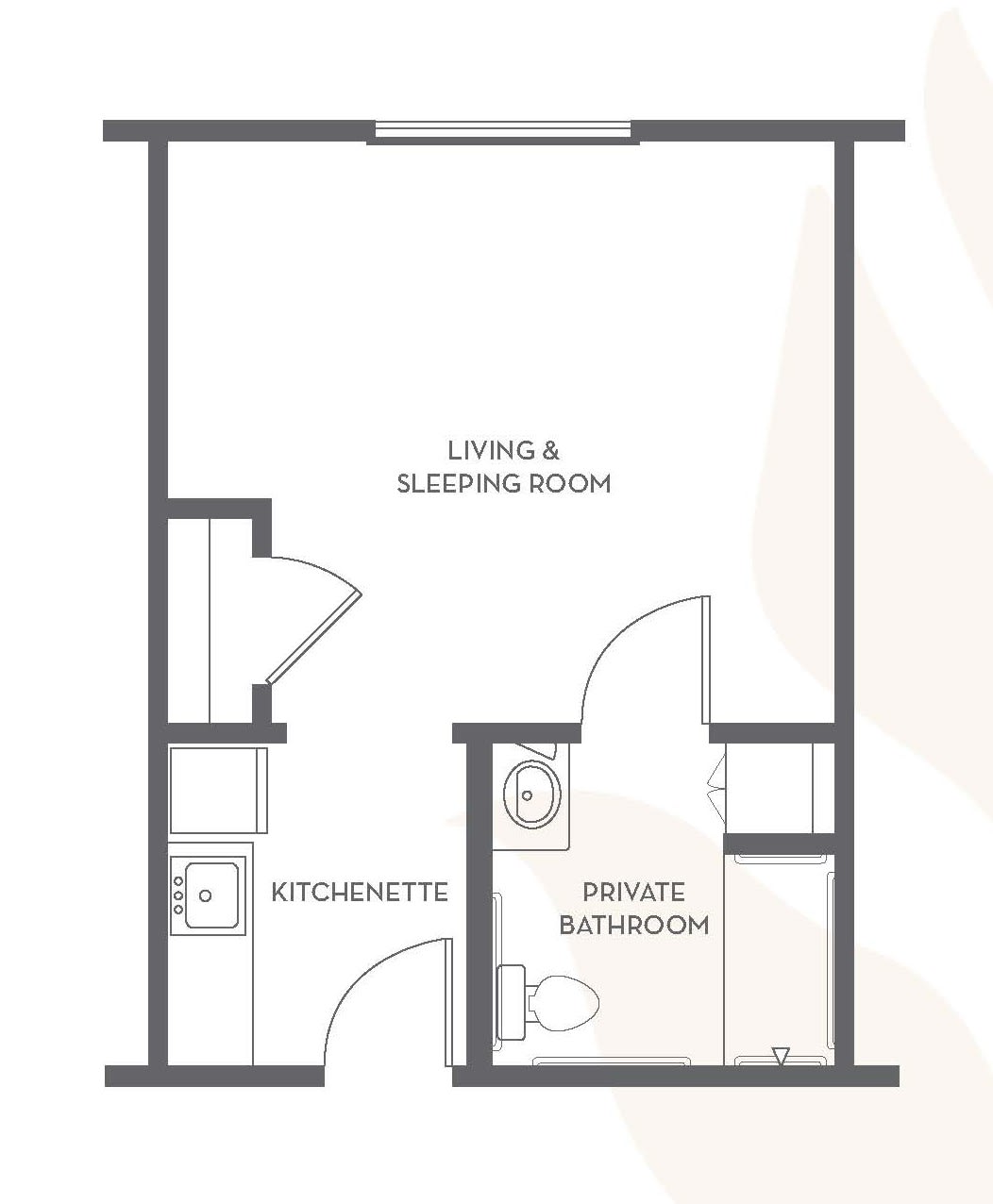 Studio apartment floor plan with kitchenette and private bathroom.
