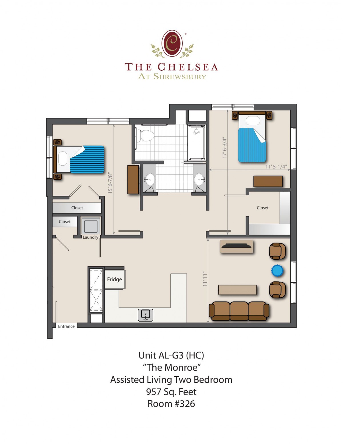 A floor plan of 'The Maestro' assisted living two-bedroom unit at The Chelsea, showing room layout and furniture placement.