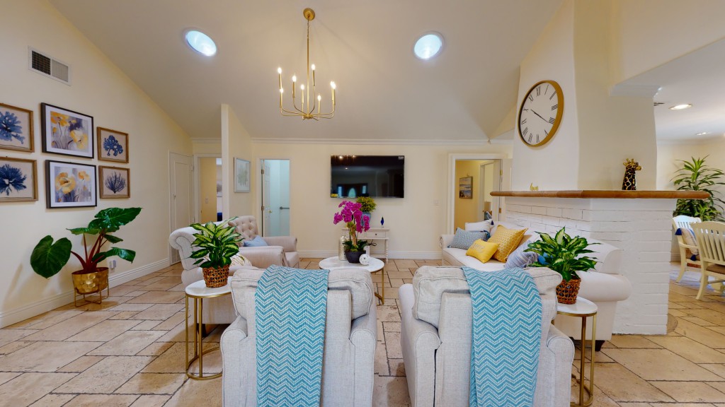 A modern living room with elegant decor, featuring comfortable seating, a TV, and vibrant plants.