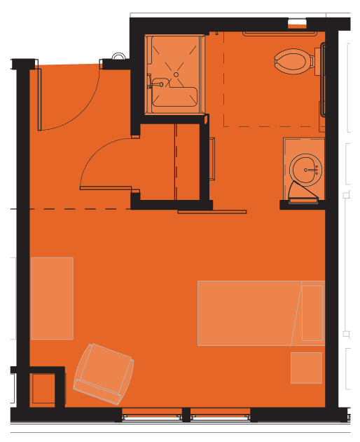 This image shows a floor plan of a small apartment with designated areas for living, bathroom, and kitchen.