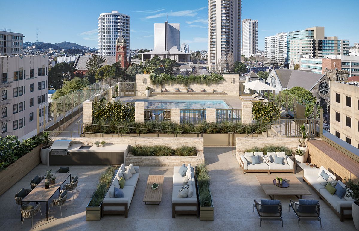A modern rooftop terrace featuring a pool, surrounded by high-rise buildings in an urban skyline.
