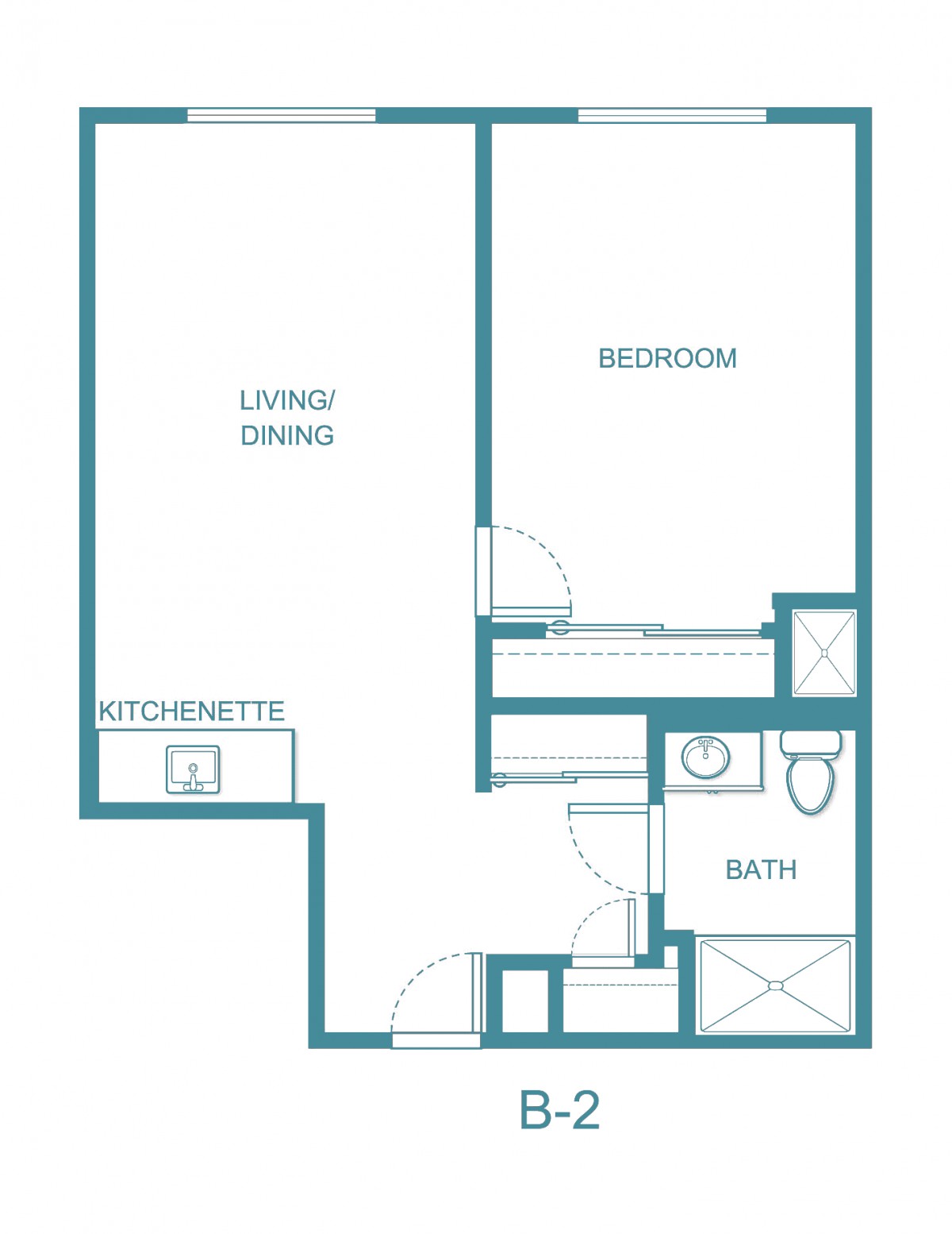 A floor plan of a one-bedroom apartment featuring a living/dining area, kitchenette, bedroom, and bathroom.