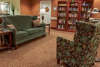 A cozy living room-style library with a sofa, armchair, and bookshelves.