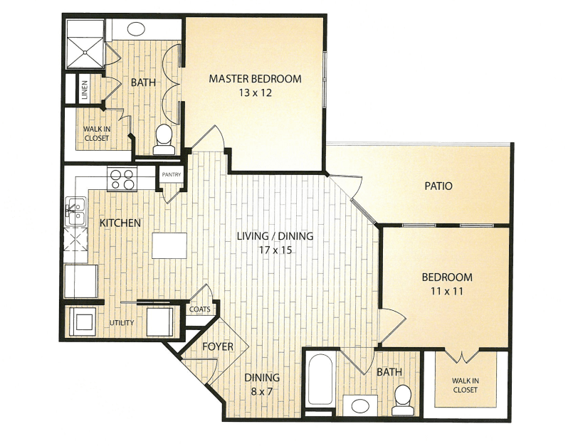 A spacious apartment floor plan with two bedrooms, two bathrooms, a kitchen, and a combined living and dining area.