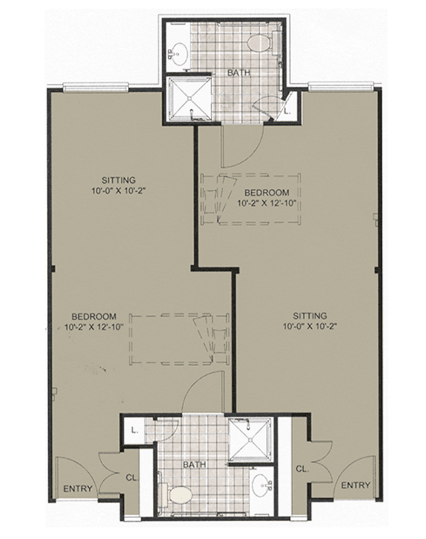 A floor plan depicting a two-bedroom apartment layout with living rooms and bathrooms.