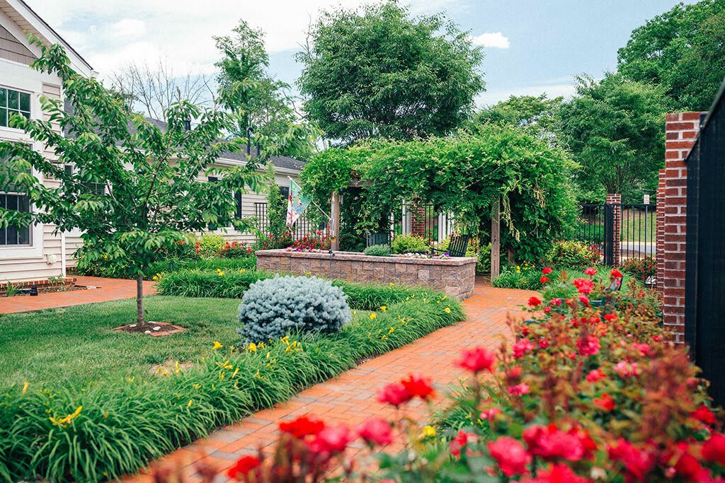 A lush garden with vibrant flowers and a winding pathway leading to a vine-covered pergola.