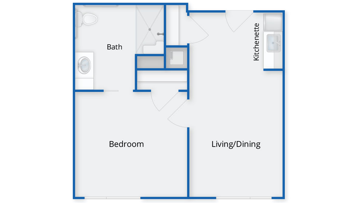 A simple floor plan featuring a one-bedroom apartment with a bathroom, kitchenette, and combined living and dining area.
