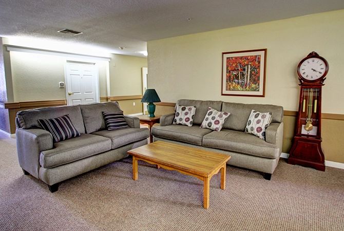 A cozy living room with two gray sofas, a wooden coffee table, and decorative cushions. A lamp sits on a side table, accompanied by artwork on the wall.