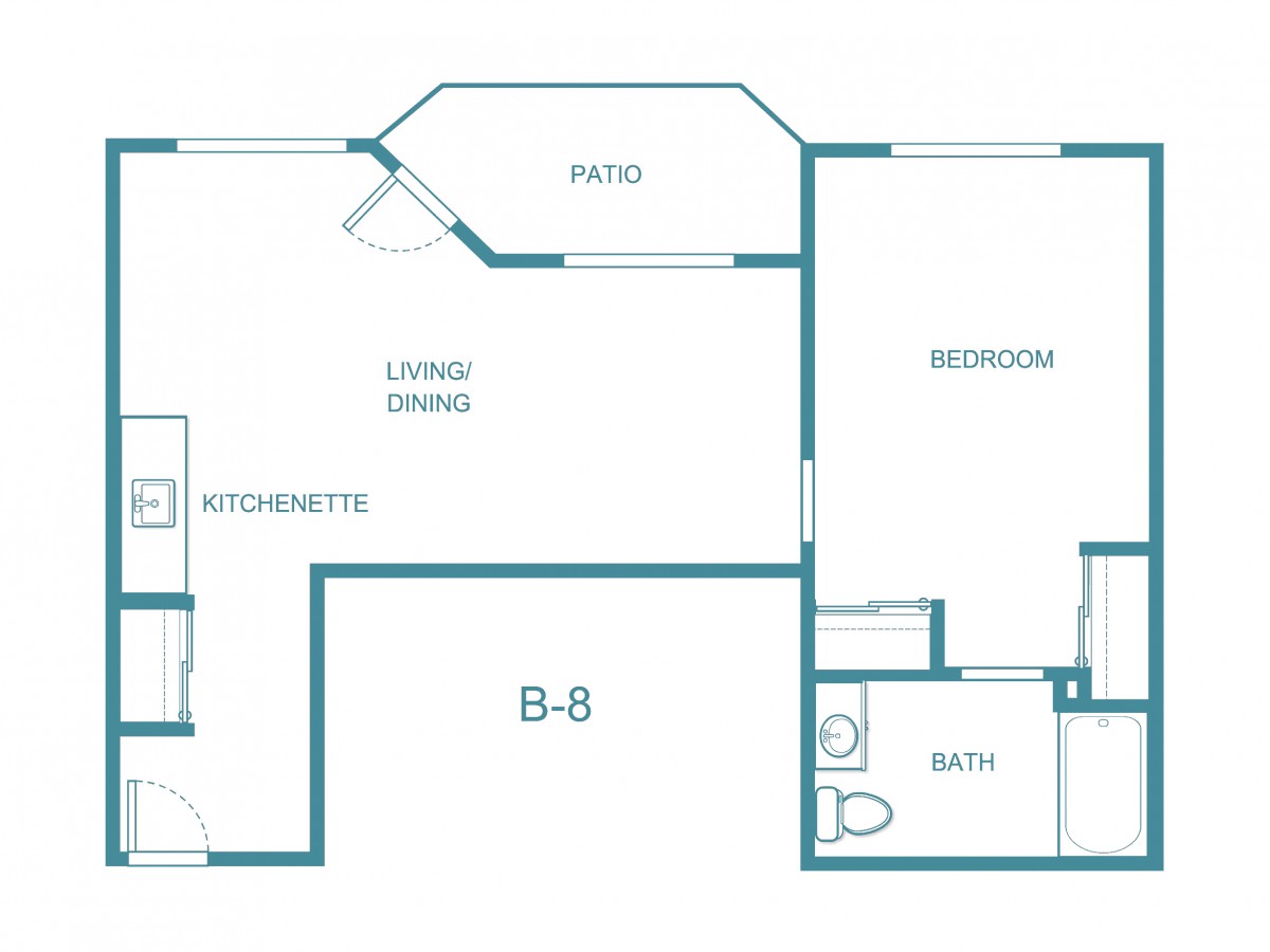 One-bedroom apartment floor plan with living/dining area, kitchenette, patio, and bathroom.