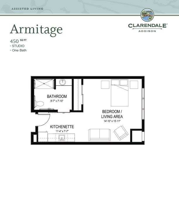 Floor plan of a studio apartment labeled 'Armitage' showing the layout of living and bathroom areas.