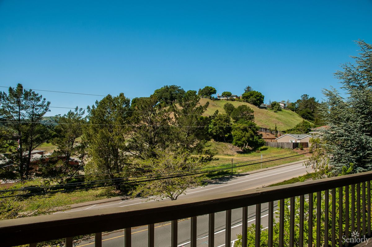 A scenic view from a balcony overlooking a road, lush trees, and a hill under a clear blue sky.