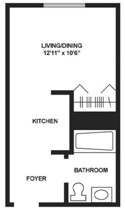 A simple floor plan showing the layout of a living/dining area and kitchen.