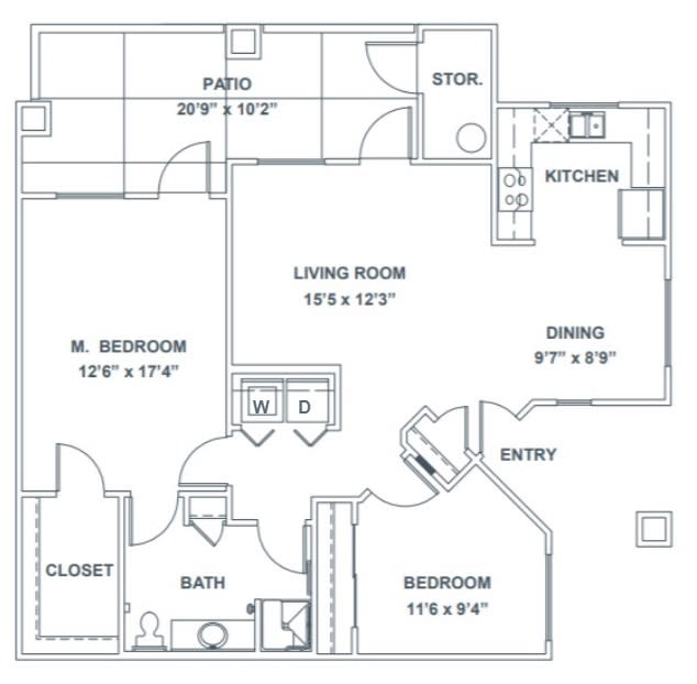 A detailed floor plan of a two-bedroom apartment, including a living room, kitchen, dining area, patio, and storage.
