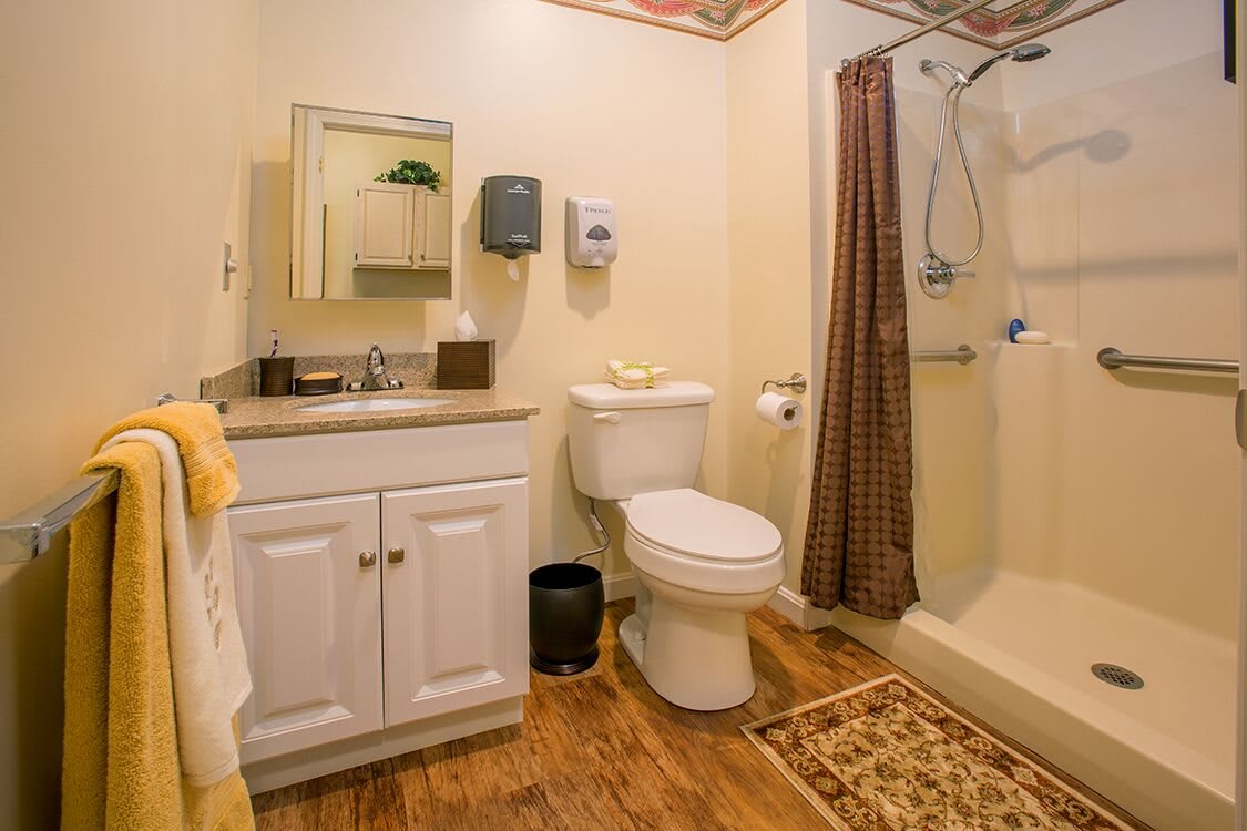 A well-organized bathroom featuring a shower with a brown curtain, toilet, sink with cabinet, and wooden flooring.