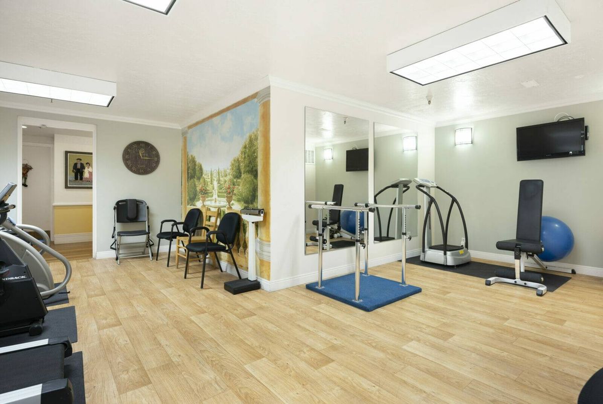A therapy room equipped with exercise machines and chairs, featuring mirrors and a wooden floor.