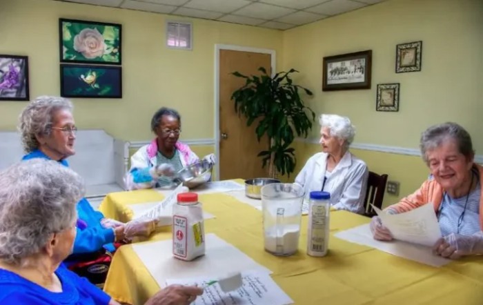 A group of elderly people gathered around a table for a meeting or discussion.