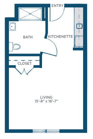 A detailed floor plan of a studio apartment featuring a living area, kitchenette, bathroom, and closet.