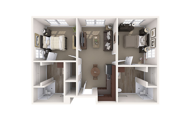 A top-down view of a two-bedroom apartment floor plan with a central living area and adjacent bathrooms.
