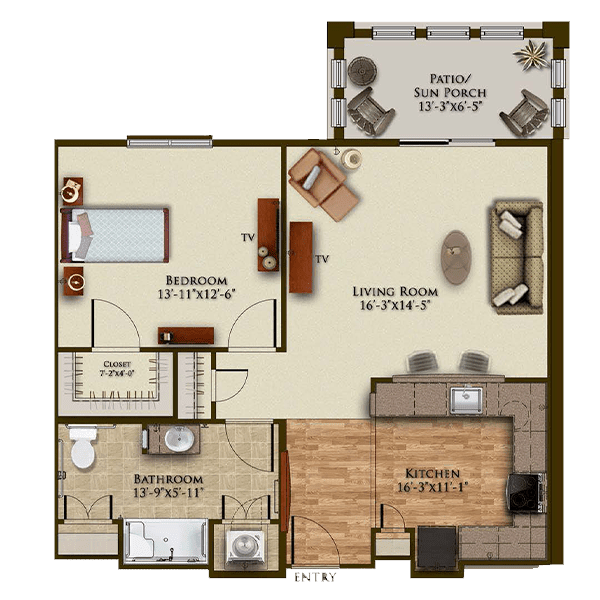 A detailed floor plan of a one-bedroom apartment featuring a kitchen, living room, bathroom, and balcony.