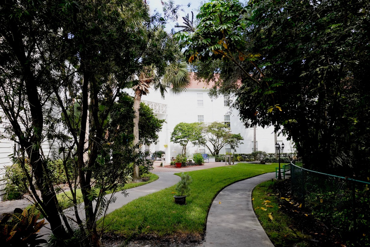 A serene garden pathway surrounded by lush greenery and trees.
