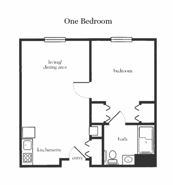 A floor plan of a one-bedroom apartment, showing the layout of the living/dining area, kitchen, bathroom, and bedroom.