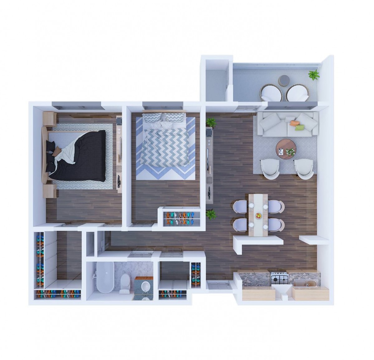 A modern floor plan of a 2-bedroom apartment showcasing an open layout with kitchen, dining area, and bathroom.