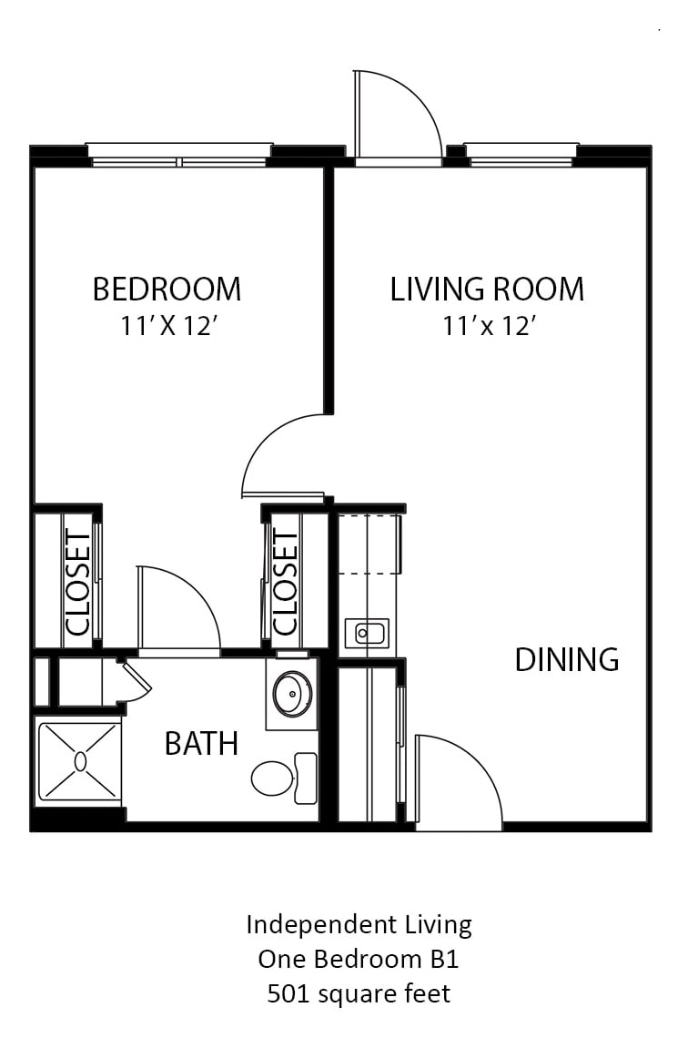 A simple floor plan of an apartment with a bedroom, living room, bathroom, and dining area.