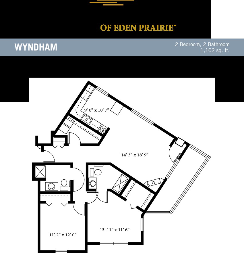 Floor plan of a two-bedroom, two-bathroom apartment at Wyndham of Eden Prairie.