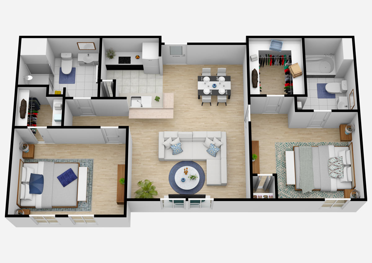 A 3D-rendered floor plan of an apartment featuring two bedrooms, a living room, kitchen, dining area, and bathrooms.
