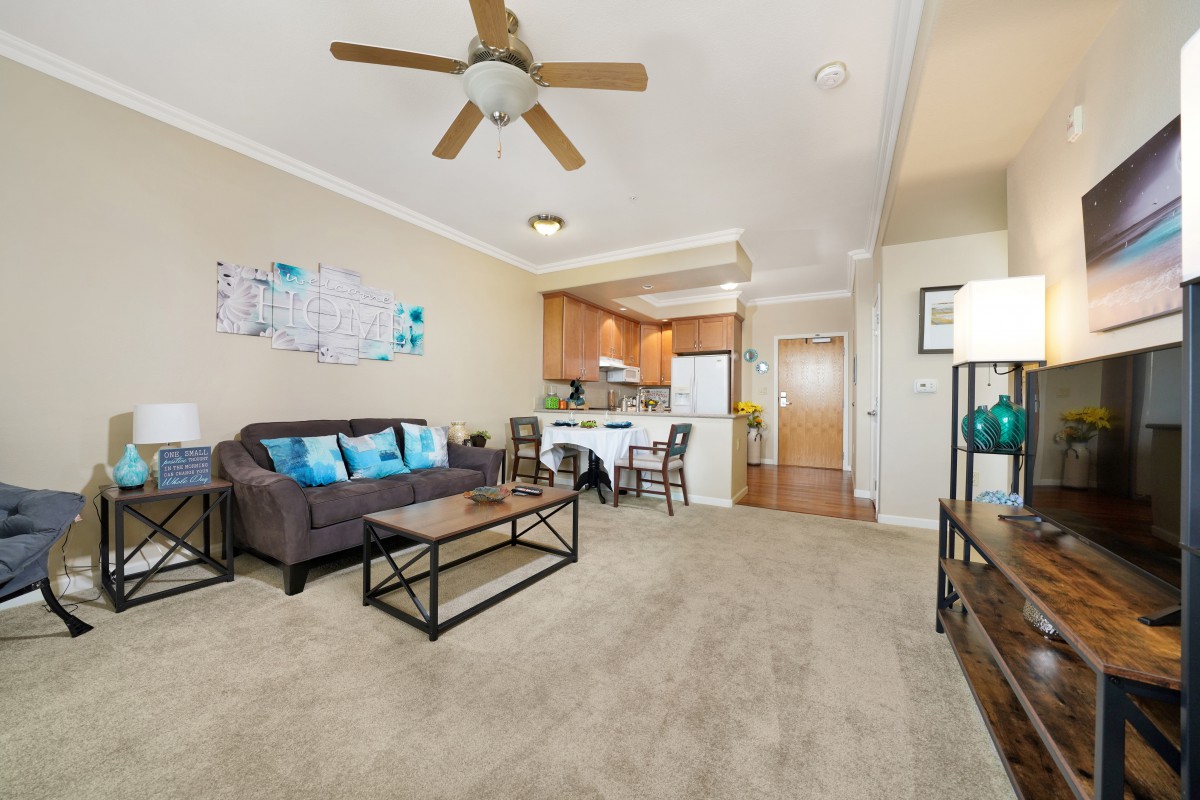 A cozy apartment living room with a sofa, coffee table, and an open kitchen with a dining area.
