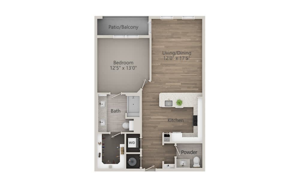 A detailed floor plan of a one-bedroom apartment featuring an open living area, kitchen, bathroom, and patio/balcony.